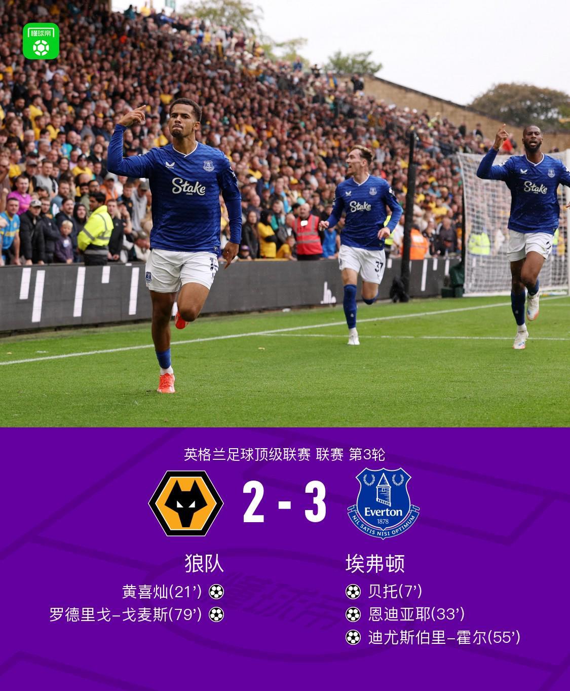 埃弗顿3-2狼队，迪尤斯伯里-霍尔1射1传，恩迪亚耶建功